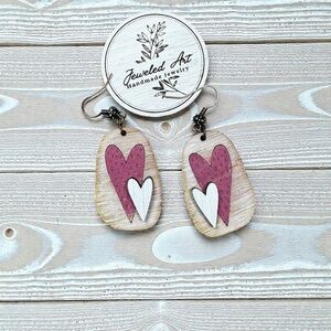 Jeweled Art Hand-Painted Heart Damask Pattern Engraved Wood Earrings